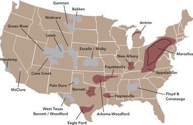 Obrzek 2 – Mapa znzorujc hlavn loiska bidlicovho plynu v USA