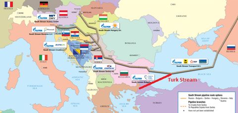 Trasa plynovodu South Stream a Turk Stream (Zdroj: http://www.gazprom.com/f/posts/85/290063/south-stream-map-en.jpg, prava autor lnku)