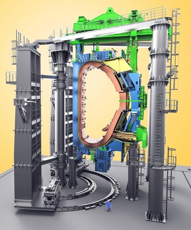 Obr. 30. Segment vakuové komory reaktoru ITER s cívkou toroidálního magnetického pole a podpůrnou konstrukcí