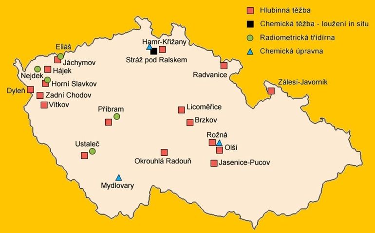 Obrázek 1: Mapa lokalit s výskytem uranových rud v ČR | Zdroj: DIAMO